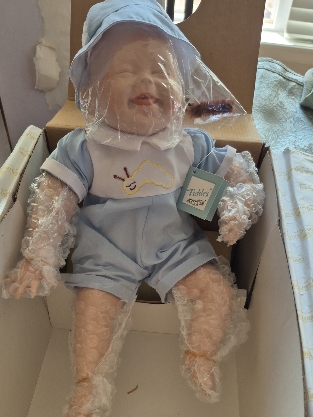 🐛Tickles Blue Baby Porcelain Doll with Caterpillar Applique by Tickles🐛